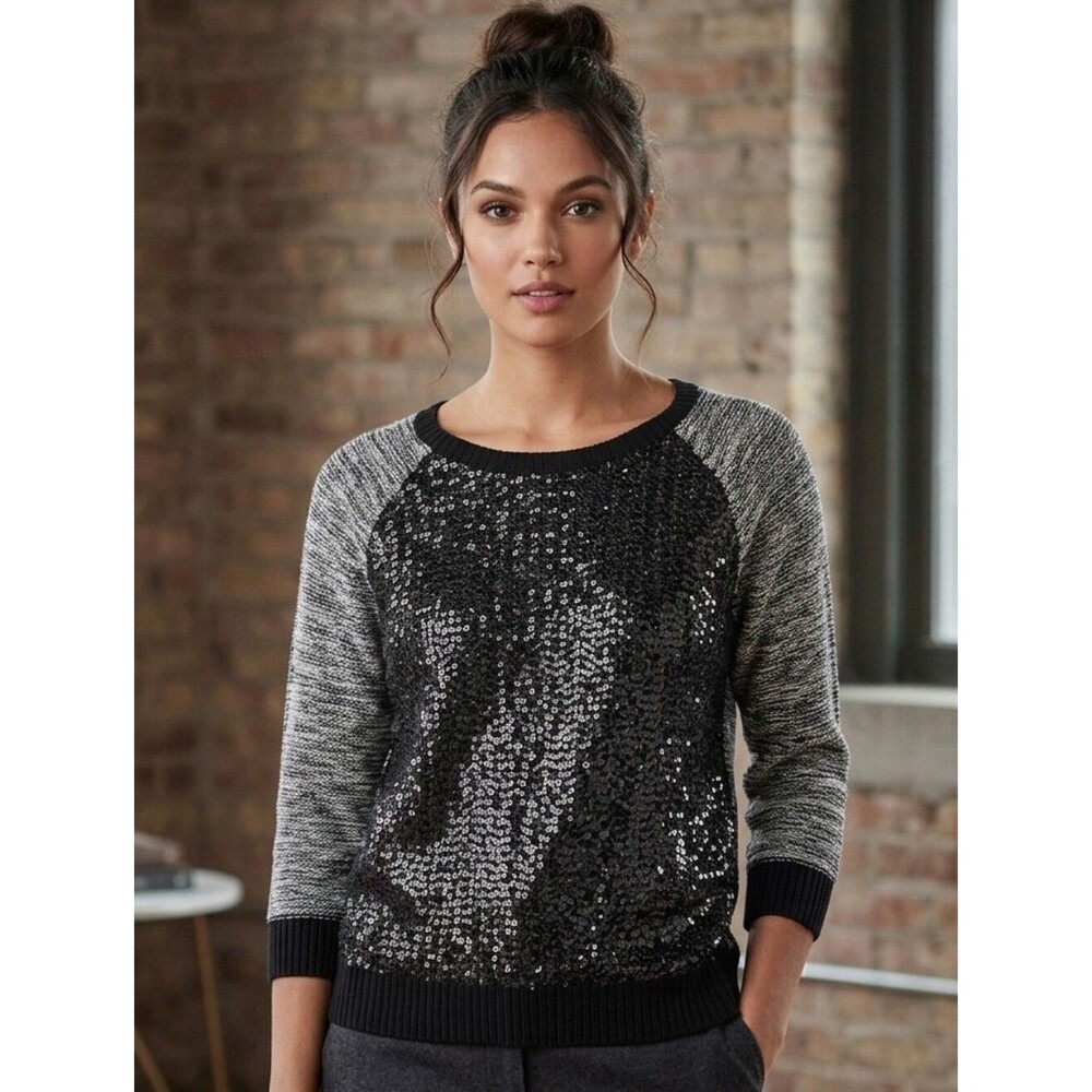 Akira Chicago Black Label Sequined Raglan Sleeve Sweater in Black Size Small